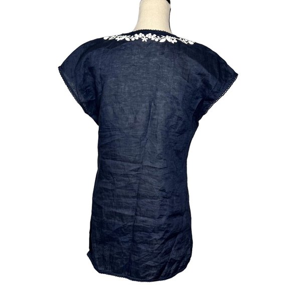 Tory Burch Navy Blue White Issy Scallop-Trim Embroidered Linen Tunic Top Size S - Picture 4 of 9